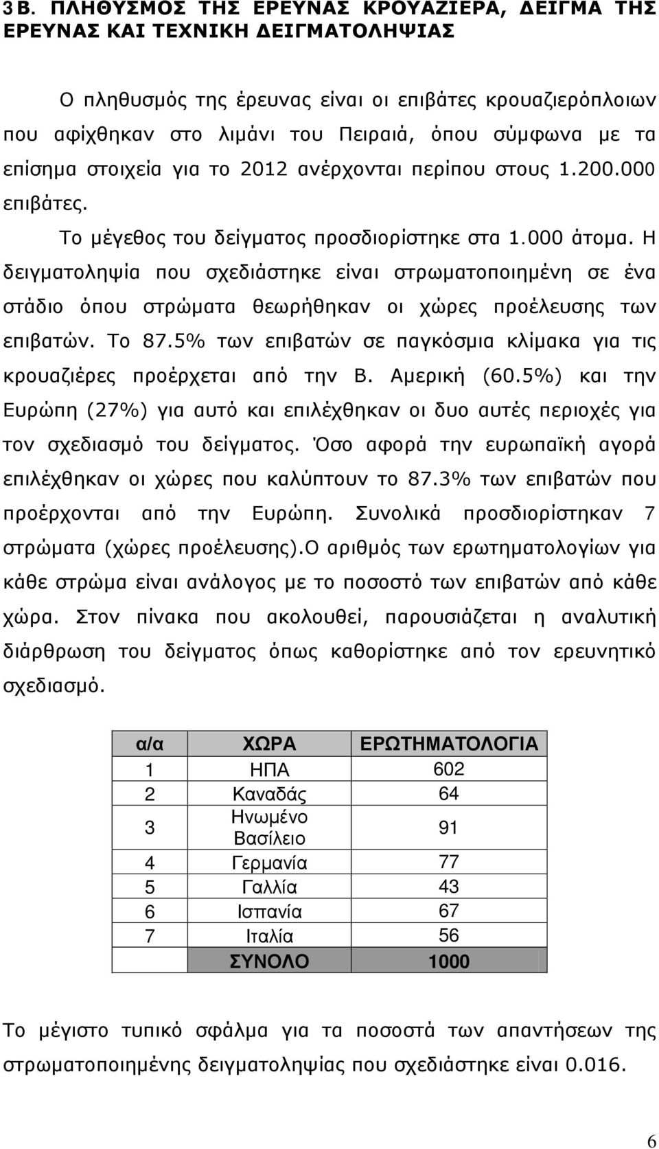 Η δειγματοληψία που σχεδιάστηκε είναι στρωματοποιημένη σε ένα στάδιο όπου στρώματα θεωρήθηκαν οι χώρες προέλευσης των επιβατών. Το 87.