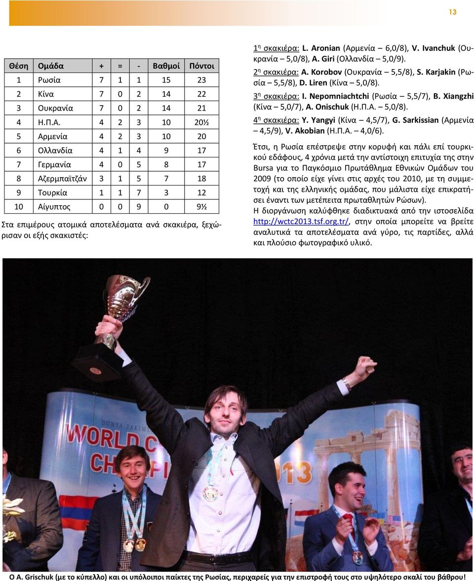 ξεχώρισαν οι εξής σκακιστές: 1 η σκακιέρα: L. Aronian (Αρμενία 6,0/8), V. Ivanchuk (Ουκρανία 5,0/8), A. Giri (Ολλανδία 5,0/9). 2 η σκακιέρα: A. Korobov (Ουκρανία 5,5/8), S. Karjakin (Ρωσία 5,5/8), D.