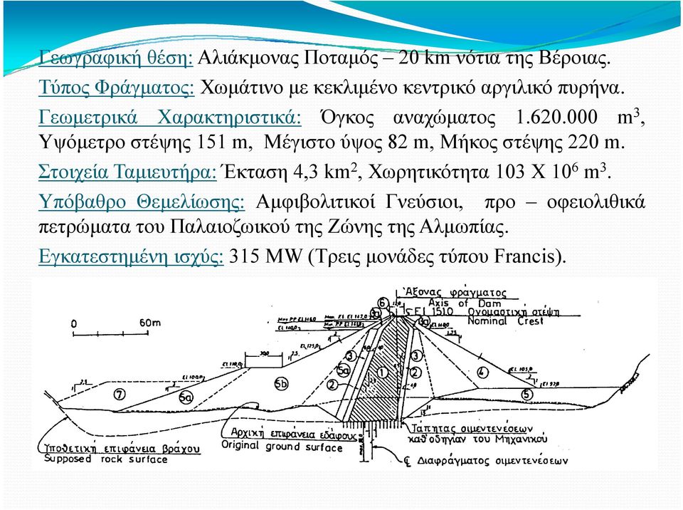 000 m 3, Υψόμετρο στέψης 151 m, Μέγιστο ύψος 82 m, Μήκος στέψης 220 m.