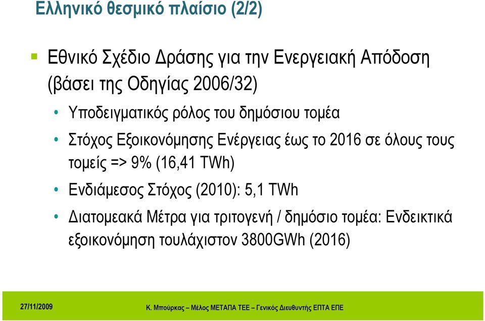 έως το 2016 σε όλους τους τομείς => 9% (16,41 TWh) Εδά Ενδιάμεσος Σό Στόχος (2010): 51TWh 5,1