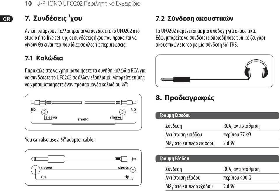 2 Σύνδεση ακουστικών Το UFO202 παρέχεται με μία υποδοχή για ακουστικά. Εδώ, μπορείτε να συνδέσετε οποιοδήποτε τυπικό ζευγάρι ακουστικών stereo με μία σύνδεση 1/8" TRS. 7.