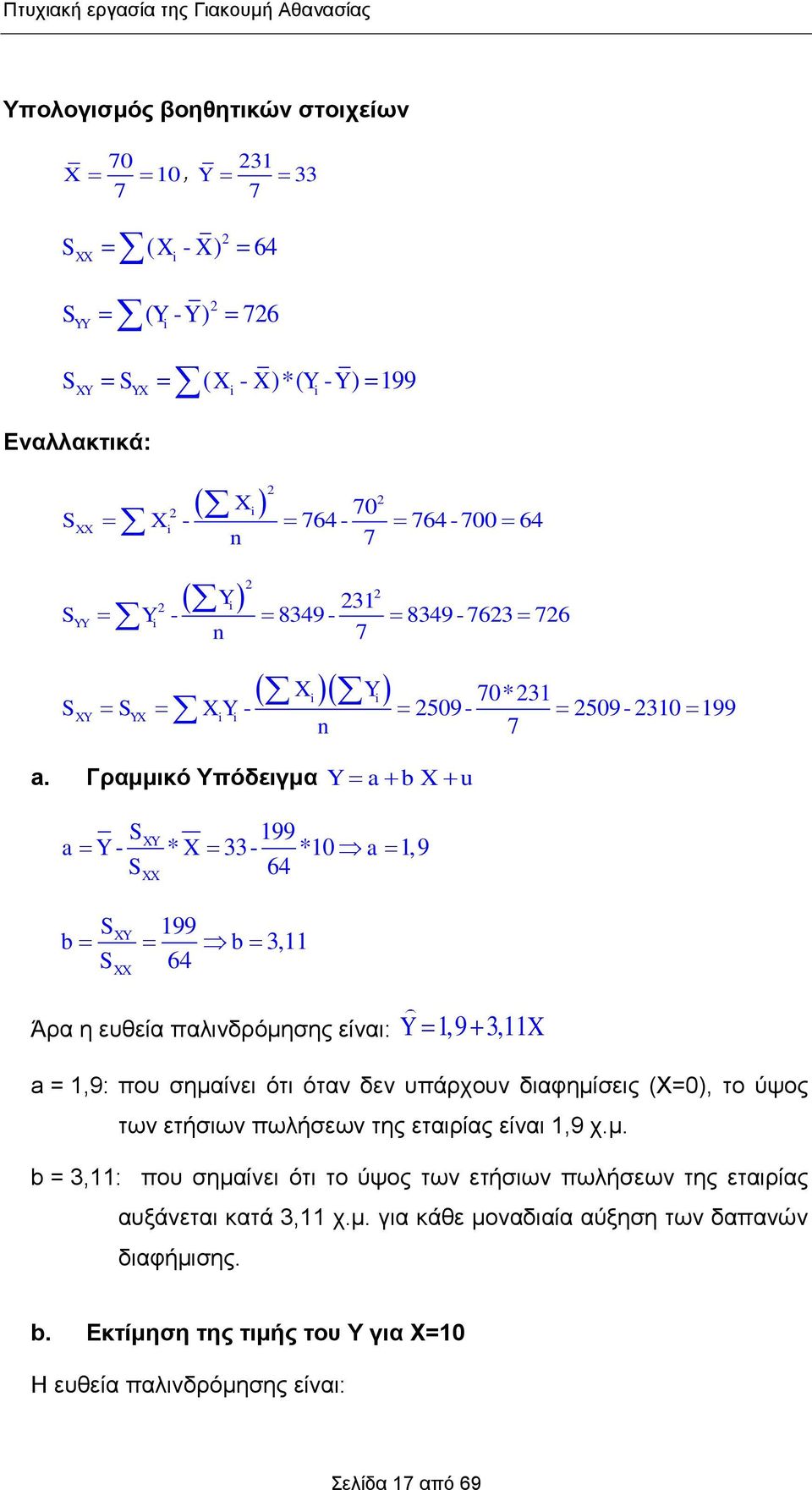 Γραμμικό Υπόδειγμα Y a b X u SXY 199 a Y - * X 33- *10 a 1,9 S 64 XX SXY 199 b b 3,11 S 64 XX Άρα η ευθεία παλινδρόμησης είναι: Y 1,9 3,11X a = 1,9: που σημαίνει ότι όταν δεν υπάρχουν διαφημίσεις