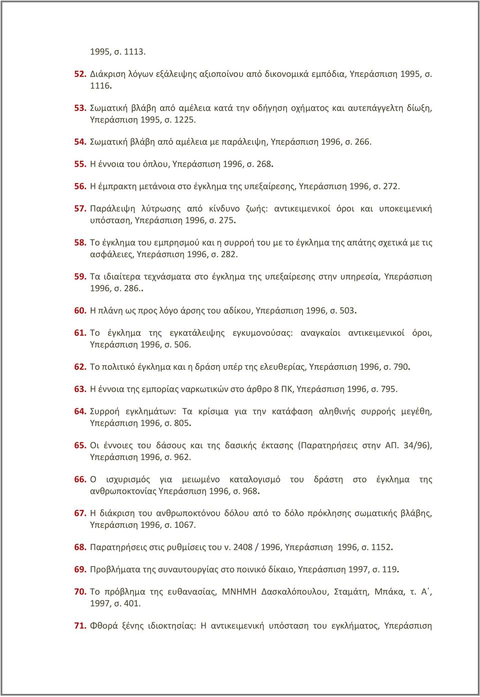 Η έννοια του όπλου, Υπεράσπιση 1996, σ. 268. 56. Η έμπρακτη μετάνοια στο έγκλημα της υπεξαίρεσης, Υπεράσπιση 1996, σ. 272. 57.