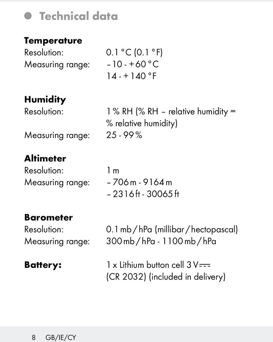 humidity) Measuring range: 25-99 % Altimeter Resolution: Measuring range: Barometer Resolution: Measuring range:
