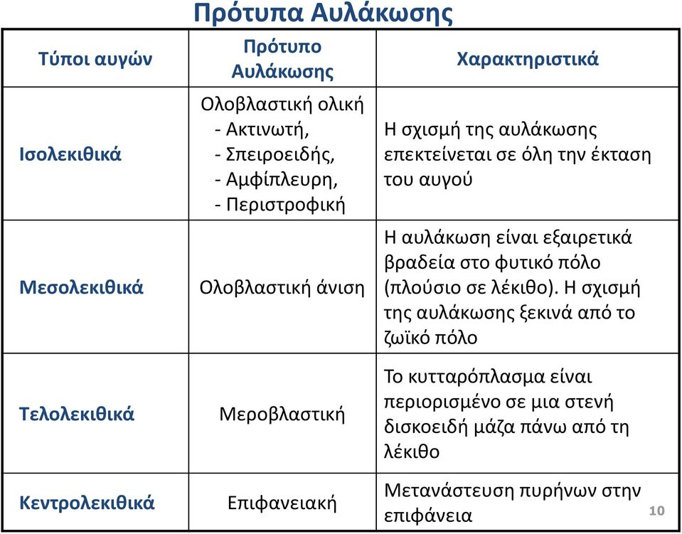 σε όλη την έκταση του αυγού Η αυλάκωση είναι εξαιρετικά βραδεία στο φυτικό πόλο (πλούσιο σε λέκιθο).