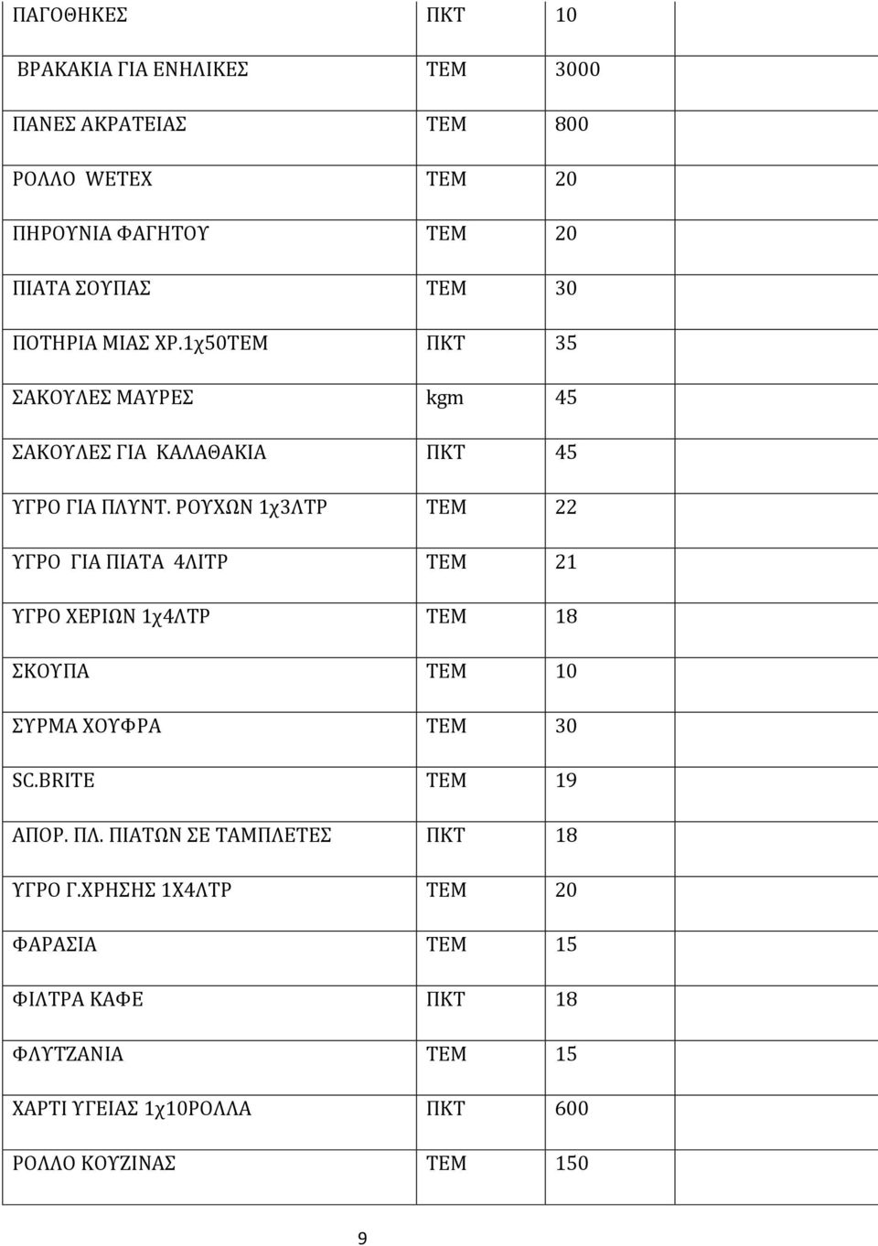 ΡΟΥΧΩΝ 1χ3ΛΤΡ ΤΕΜ 22 ΥΓΡΟ ΓΙΑ ΠΙΑΤΑ 4ΛΙΤΡ ΤΕΜ 21 ΥΓΡΟ ΧΕΡΙΩΝ 1χ4ΛΤΡ ΤΕΜ 18 ΣΚΟΥΠΑ ΤΕΜ 10 ΣΥΡΜΑ ΧΟΥΦΡΑ ΤΕΜ 30 SC.BRITE ΤΕΜ 19 ΑΠΟΡ.