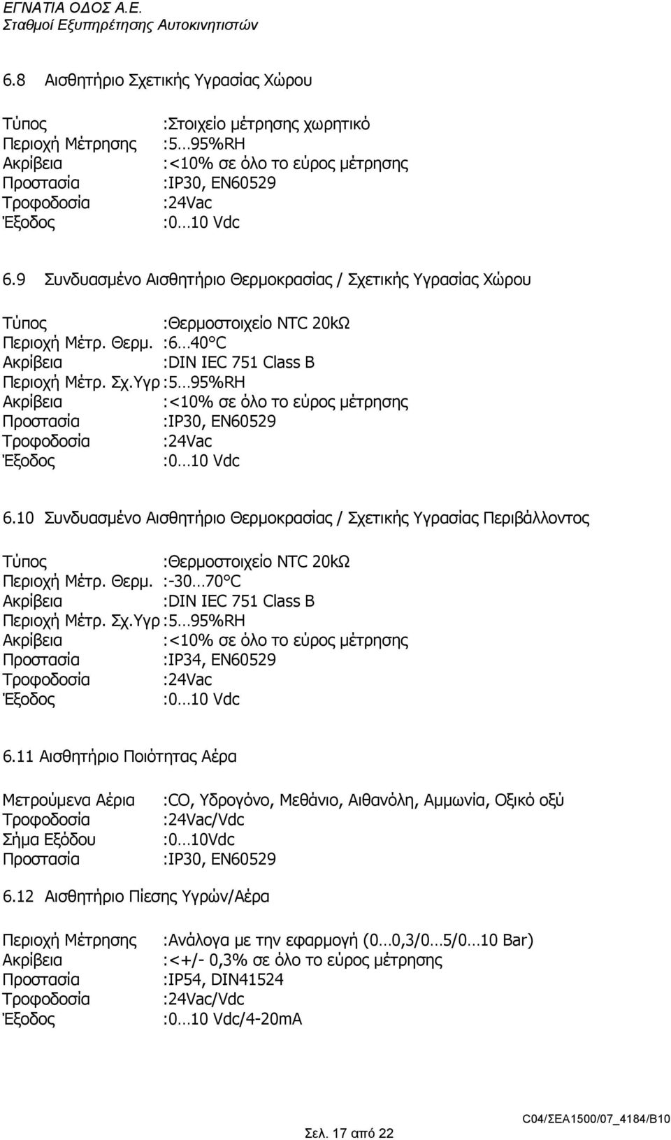 10 Συνδυασµένο Αισθητήριο Θερµοκρασίας / Σχετικής Υγρασίας Περιβάλλοντος :Θερµοστοιχείο NTC 20kΩ Περιοχή Μέτρ. Θερµ. :-30 70 C :DIN IEC 751 Class B Περιοχή Μέτρ. Σχ.Υγρ :5 95%RH :<10% σε όλο το εύρος µέτρησης :IP34, EN60529 Τροφοδοσία :24Vac :0 10 Vdc 6.