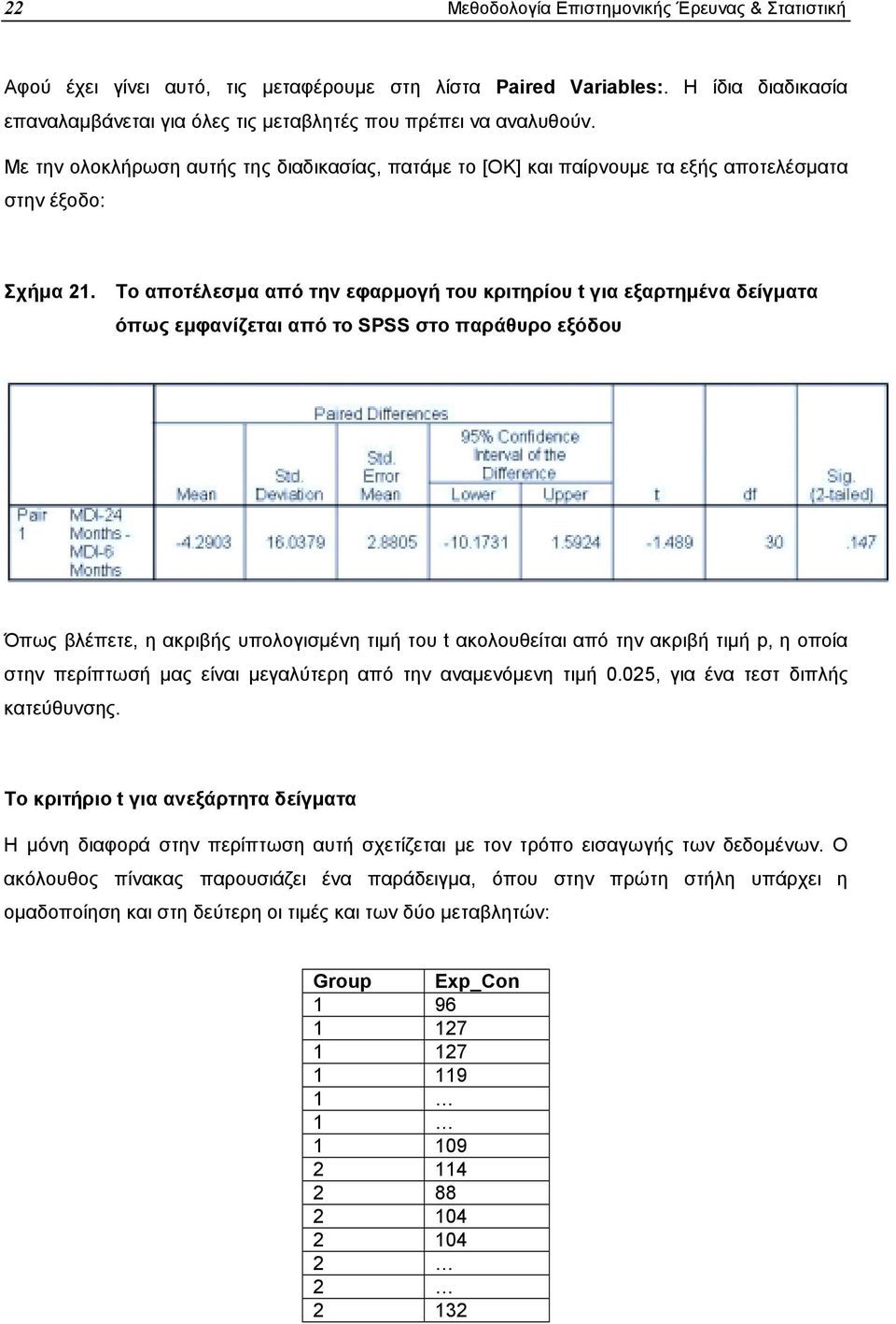 Το αποτέλεσµα από την εφαρµογή του κριτηρίου t για εξαρτηµένα δείγµατα όπως εµφανίζεται από το SPSS στο παράθυρο εξόδου Όπως βλέπετε, η ακριβής υπολογισµένη τιµή του t ακολουθείται από την ακριβή