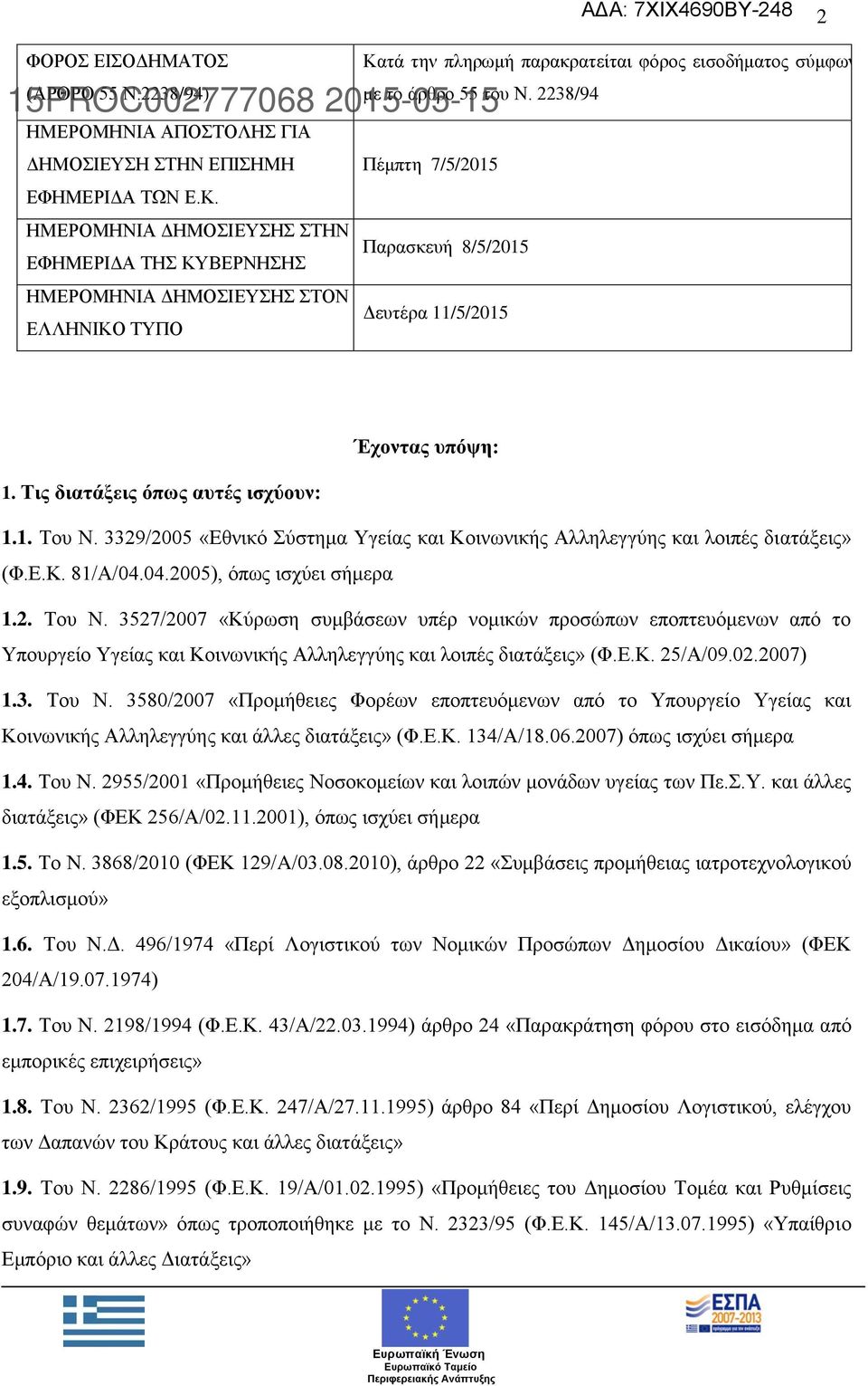 ΗΜΕΡΟΜΗΝΙΑ ΔΗΜΟΣΙΕΥΣΗΣ ΣΤΗΝ Παρασκευή 8/5/2015 ΕΦΗΜΕΡΙΔΑ ΤΗΣ ΚΥΒΕΡΝΗΣΗΣ ΗΜΕΡΟΜΗΝΙΑ ΔΗΜΟΣΙΕΥΣΗΣ ΣΤΟΝ Δευτέρα 11/5/2015 ΕΛΛΗΝΙΚΟ ΤΥΠΟ Έχοντας υπόψη: 1. Τις διατάξεις όπως αυτές ισχύουν: 1.1. Του Ν.