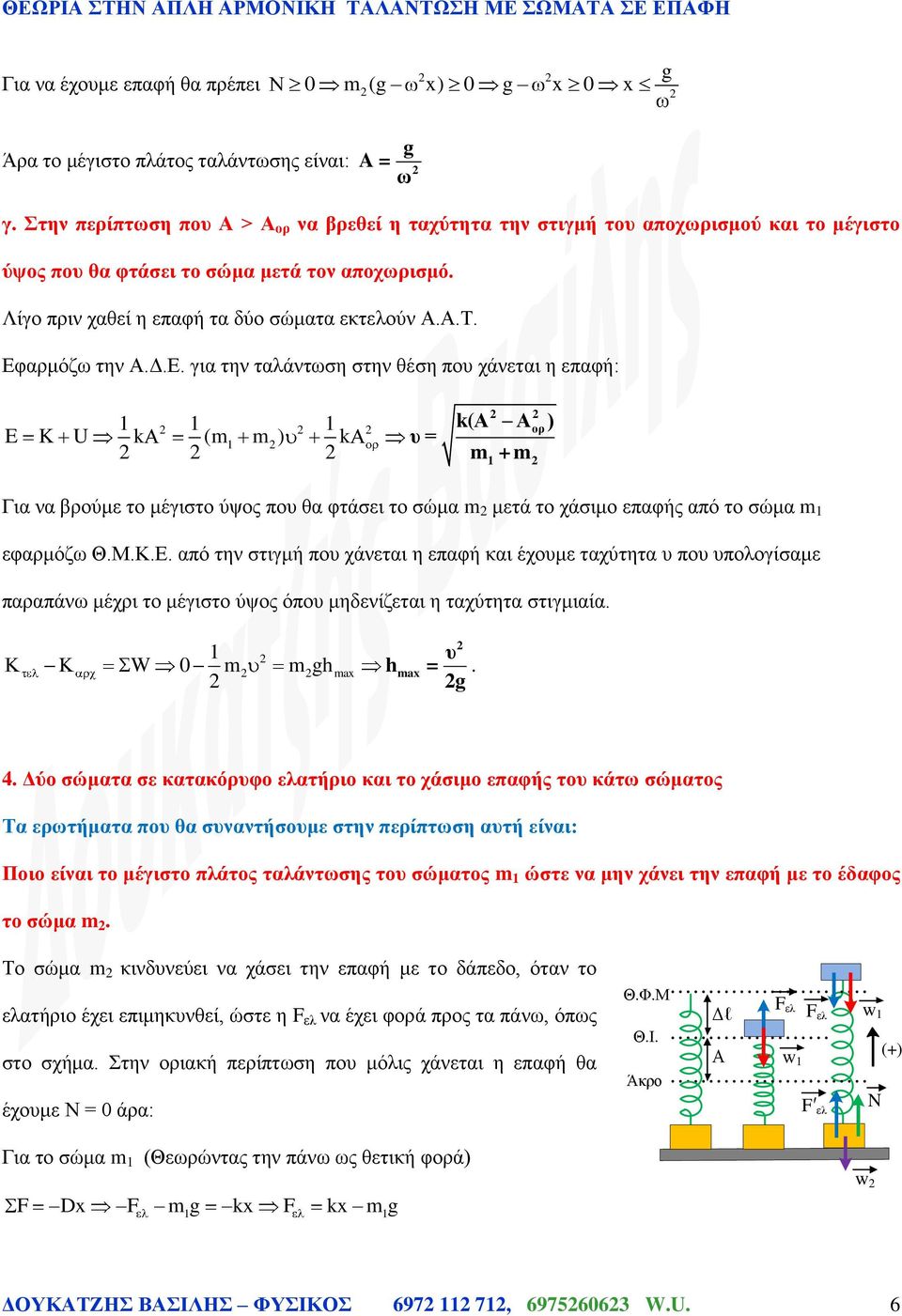 Εφαρμόζω την Α.Δ.Ε. για την ταλάντωση στην θέση που χάνεται η επαφή: E K U ( ) υ= (Α Α ) ορ + Για να βρούμε το μέγιστο ύψος που θα φτάσει το σώμα μετά το χάσιμο επαφής από το σώμα εφαρμόζω Θ.Μ.Κ.Ε. από την στιγμή που χάνεται η επαφή και έχουμε ταχύτητα υ που υπολογίσαμε παραπάνω μέχρι το μέγιστο ύψος όπου μηδενίζεται η ταχύτητα στιγμιαία.