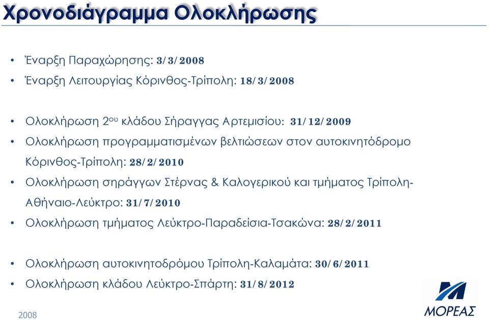 28/2/2010 Ολοκλήρωση σηράγγων Στέρνας & Καλογερικού και τμήματος Τρίπολη- Αθήναιο-Λεύκτρο: 31/7/2010 Ολοκλήρωση τμήματος