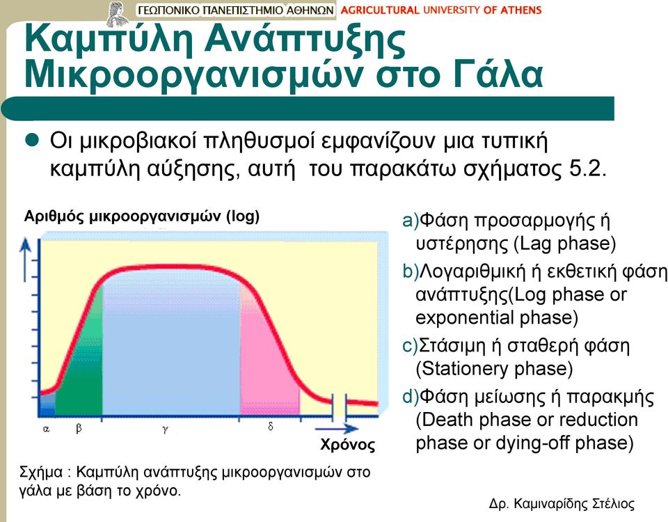 Αριθμός μικροοργανισμών (log) Χρόνος a)φάση προσαρμογής ή υστέρησης (Lag phase) b)λογαριθμική ή εκθετική φάση
