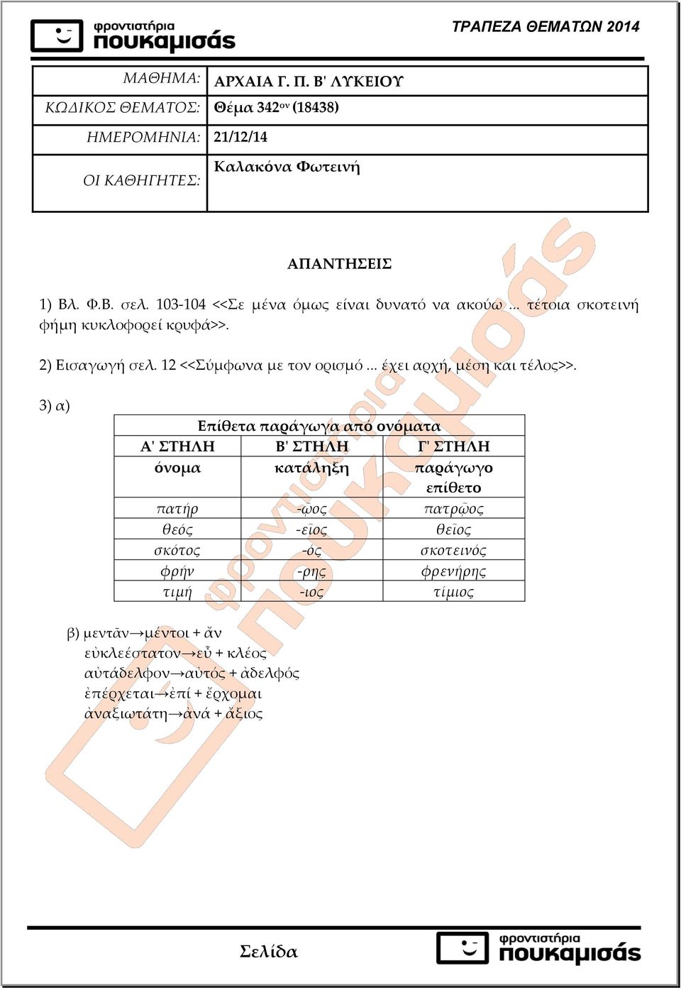 3) α) Επίθετα παράγωγα από ονόματα Α' ΣΤΗΛΗ Β' ΣΤΗΛΗ Γ' ΣΤΗΛΗ όνομα κατάληξη παράγωγο επίθετο πατήρ -ῷος πατρῷος θεός -εῖος θεῖος σκότος