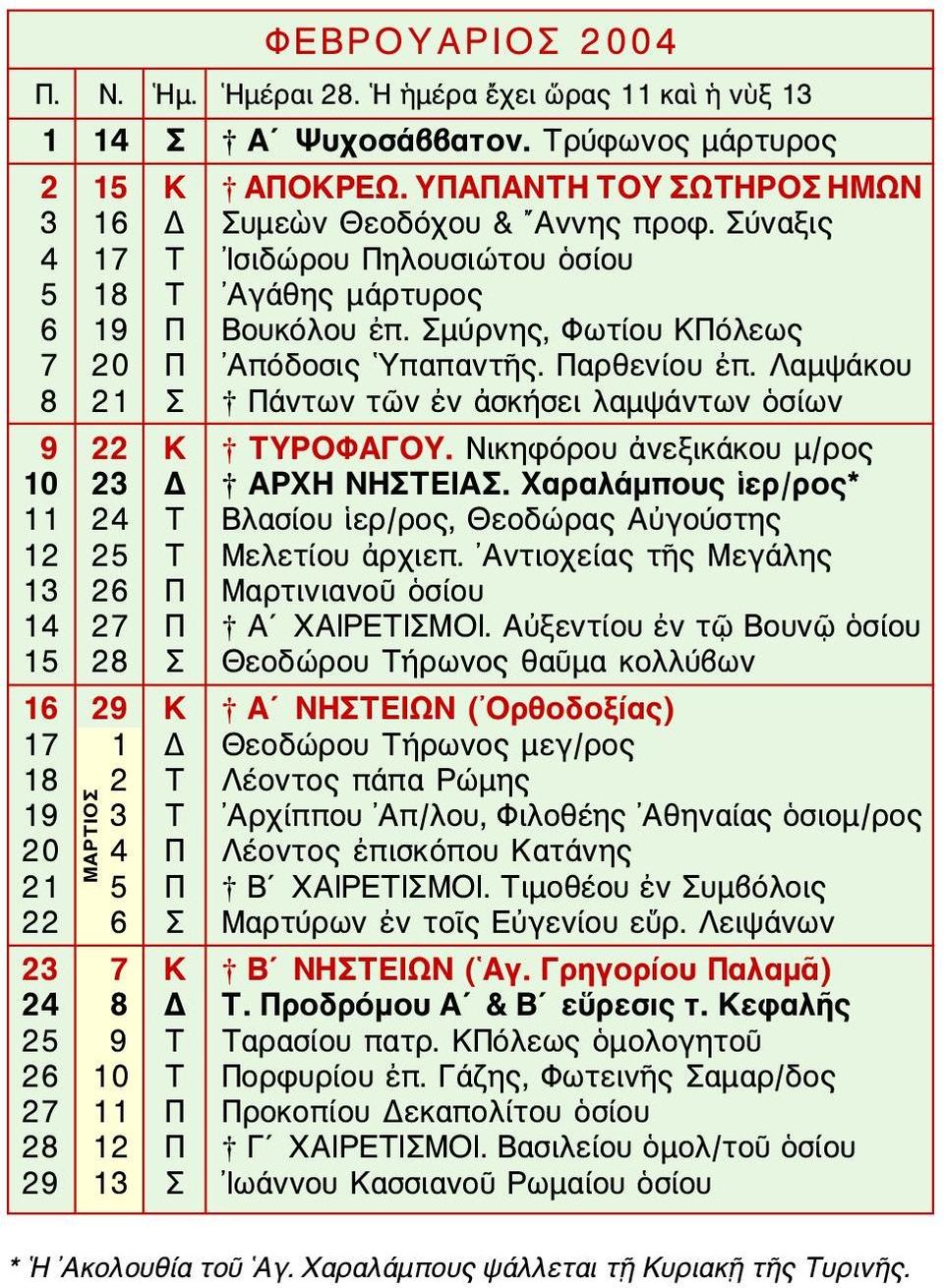 Λαμψάκου 8 21 Σ Πάντων τῶν ἐν ἀσκήσει λαμψάντων ὁσίων 922 Κ ΤΥΡΟΦΑΓΟΥ. Νικηφόρου ἀνεξικάκου μ/ρος 10 23 Δ ΑΡΧΗ ΝΗΣΤΕΙΑΣ.