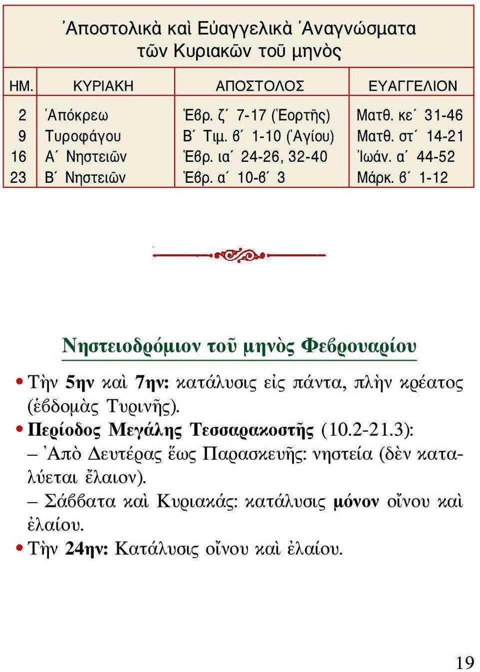 β 1-12 Νηστειοδρόμιον τοῦ μηνὸς Φεβρουαρίου Τὴν 5ην καὶ 7ην: κατάλυσις εἰς πάντα, πλὴν κρέατος (ἑβδομὰς Τυρινῆς).