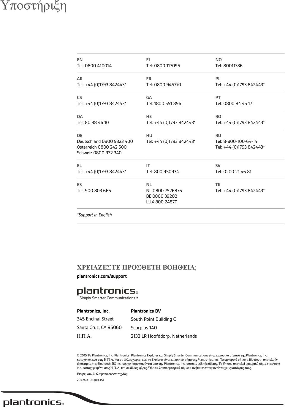 English ΧΡΕΙΑΖΕΣΤΕ ΠΡΟΣΘΕΤΗ ΒΟΗΘΕΙΑ; plantronics.com/support Plantronics, Inc. 345 Encinal Street Santa Cruz, CA 95060 Η.Π.Α. Plantronics BV South Point Building C Scorpius 140 2132 LR Hoofddorp, Netherlands 2015 Τα Plantronics, Inc.