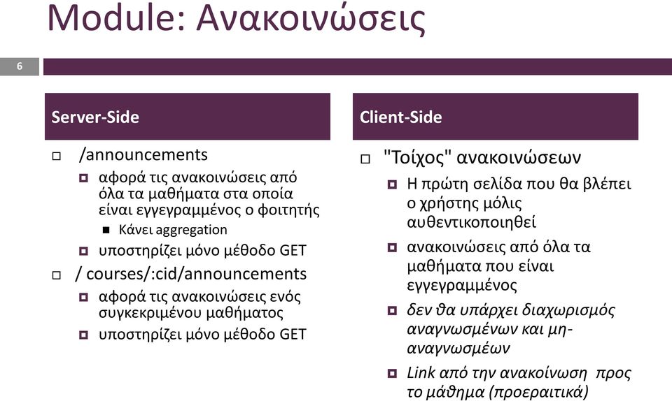 υποστηρίζει μόνο μέθοδο GET "Τοίχος" ανακοινώσεων Η πρώτη σελίδα που θα βλέπει ο χρήστης μόλις αυθεντικοποιηθεί ανακοινώσεις από όλα τα