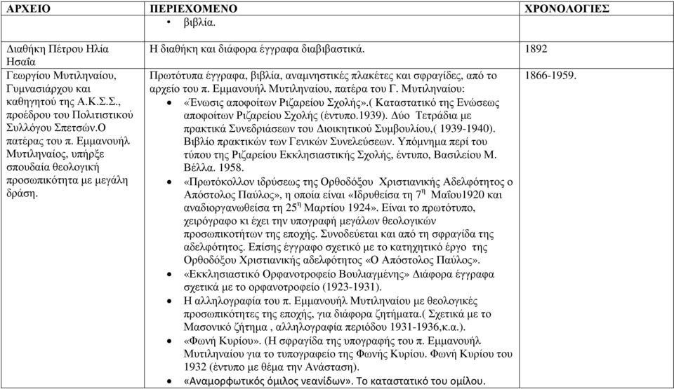 1892 Πρωτότυπα έγγραφα, βιβλία, αναµνηστικές πλακέτες και σφραγίδες, από το αρχείο του π. Εµµανουήλ Μυτιληναίου, πατέρα του Γ. Μυτιληναίου: «Ένωσις αποφοίτων Ριζαρείου Σχολής».