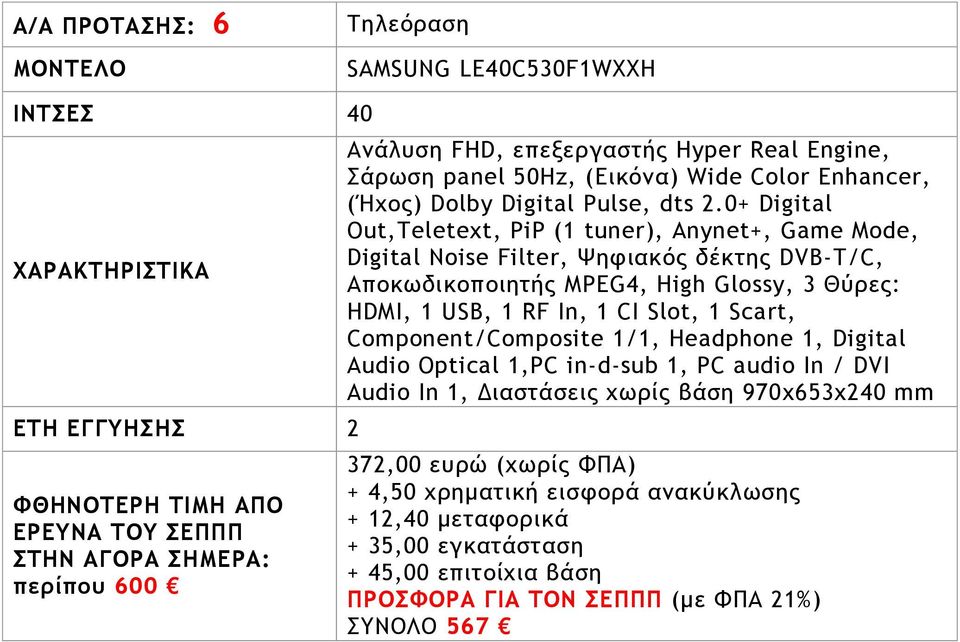 0+ Digital Out,Teletext, PiP (1 tuner), Anynet+, Game Mode, Digital Noise Filter, Ψητιακόπ δέκςηπ DVB-T/C, Απξκχδικξπξιηςήπ MPEG4, High Glossy, 3 Θύοεπ: HDMI, 1 USB, 1