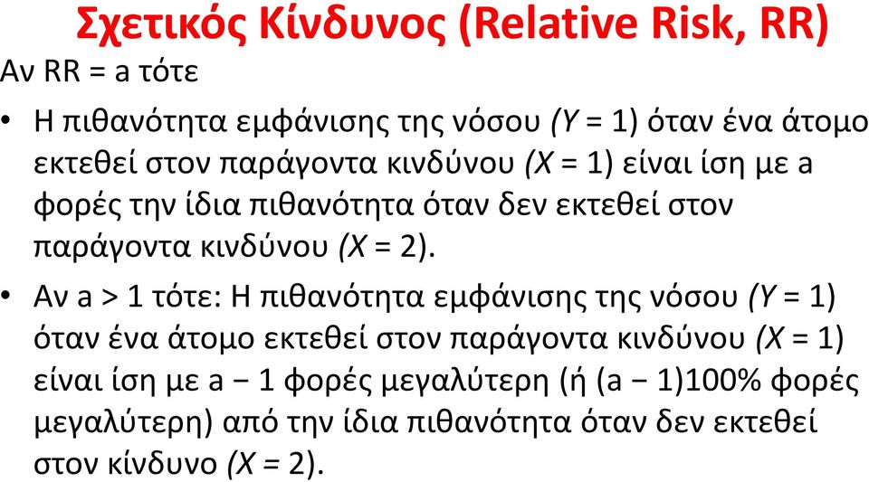 = 2). Αν a > τότε: Η πιθανότητα εμφάνισης της νόσου (Y = ) όταν ένα άτομο εκτεθεί στον παράγοντα κινδύνου (X = )