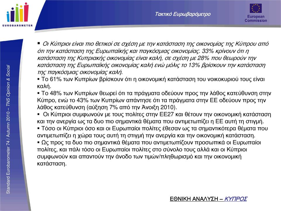 οικονομίας καλή. Το 61% των Κυπρίων βρίσκουν ότι η οικονομική κατάσταση του νοικοκυριού τους είναι καλή.