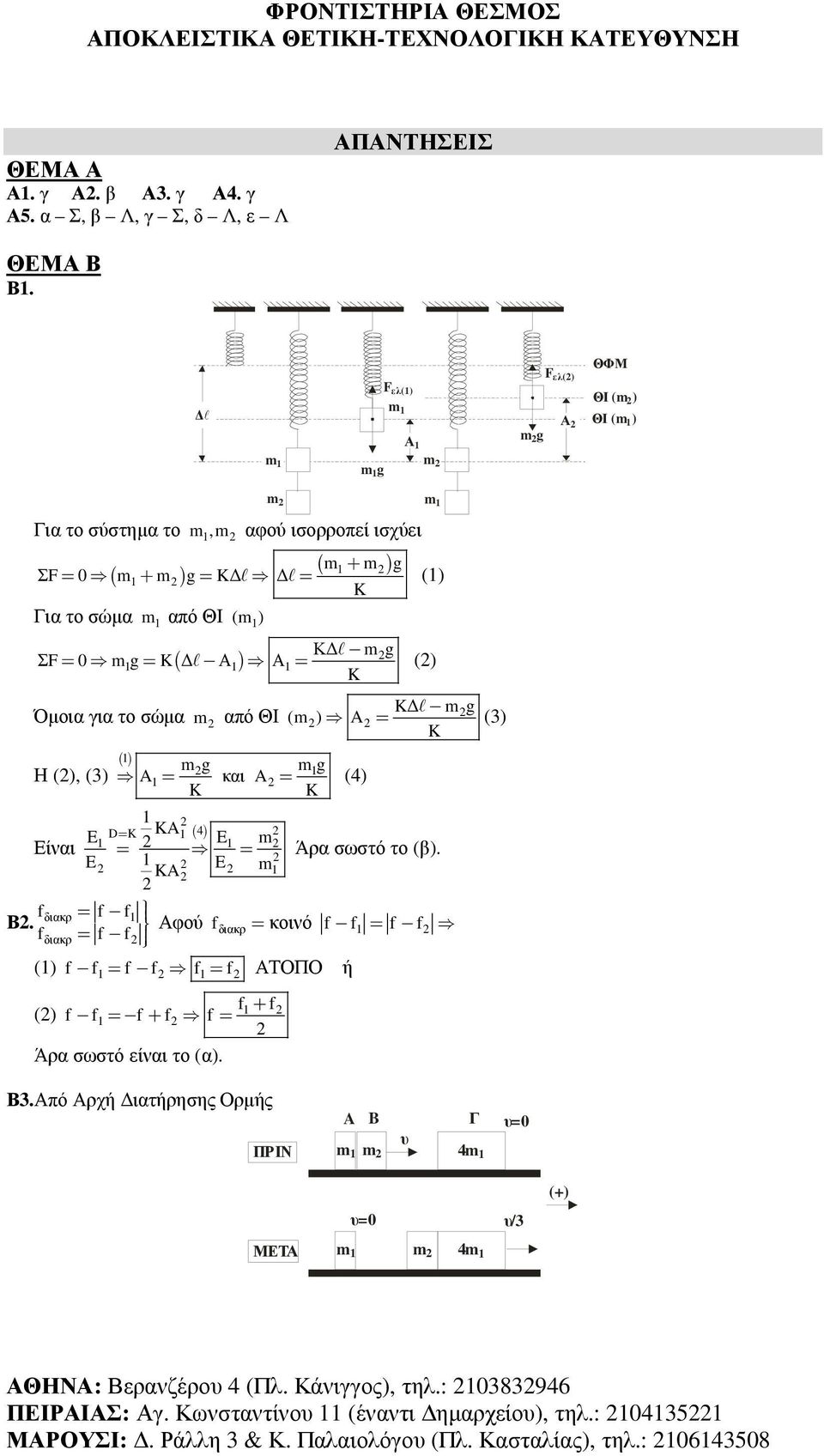 Όµοια για το σώµα m από ΘΙ (m ) = Η (), (3) () 1 m 1 g m 1 g = και = (4) m (3) 1 D E = 1 ( 4 ) 1 1 Είναι E m E 1 E m1 f = f f Αφού fδιακρ= f f διακρ Β. διακρ 1 = = Άρα σωστό το (β).