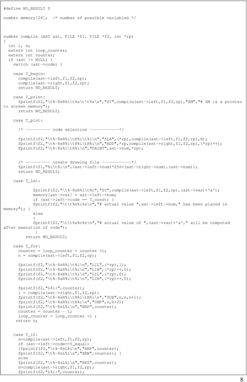 fprintf(f2,"\t%-8sr%i\t%s\t\t%s\n","st",compile(ast->left,f1,f2,rp),"sm","# SM is a pointer to screen memory") return NO_RESULT case T_plot: /* ---------- code selection ------------*/