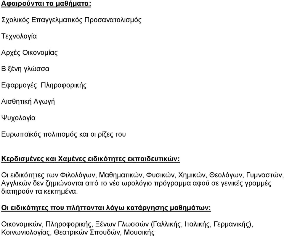 Χημικών, Θεολόγων, Γυμναστών, Αγγλικών δεν ζημιώνονται από το νέο ωρολόγιο πρόγραμμα αφού σε γενικές γραμμές διατηρούν τα κεκτημένα.