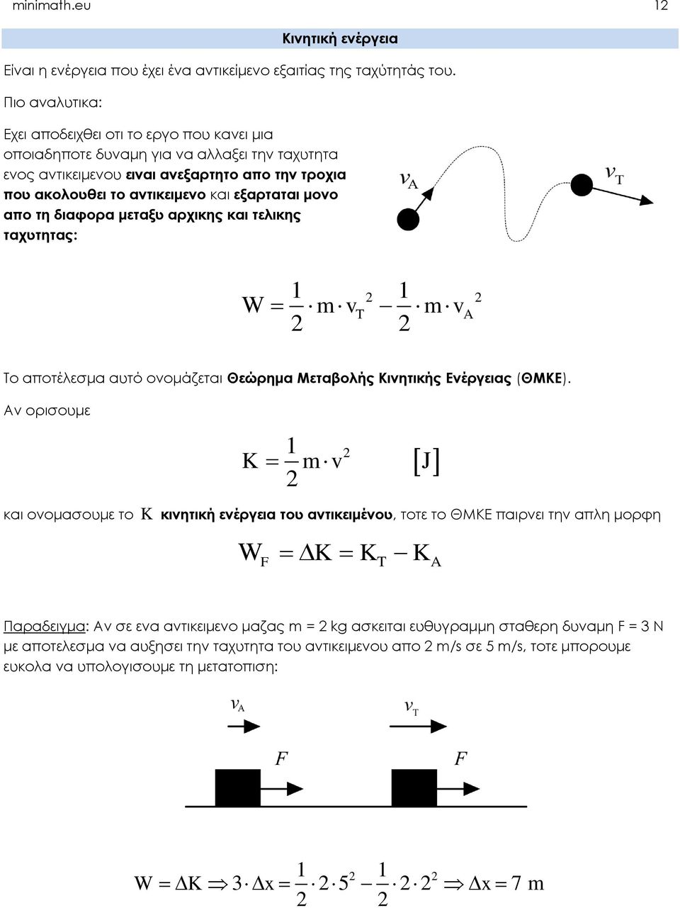 μονο απο τη διαφορα μεταξυ αρχικης και τελικης ταχυτητας: 1 1 W mv m v T A Το αποτέλεσμα αυτό ονομάζεται Θεώρημα Μεταβολής Κινητικής Ενέργειας (ΘΜΚΕ).