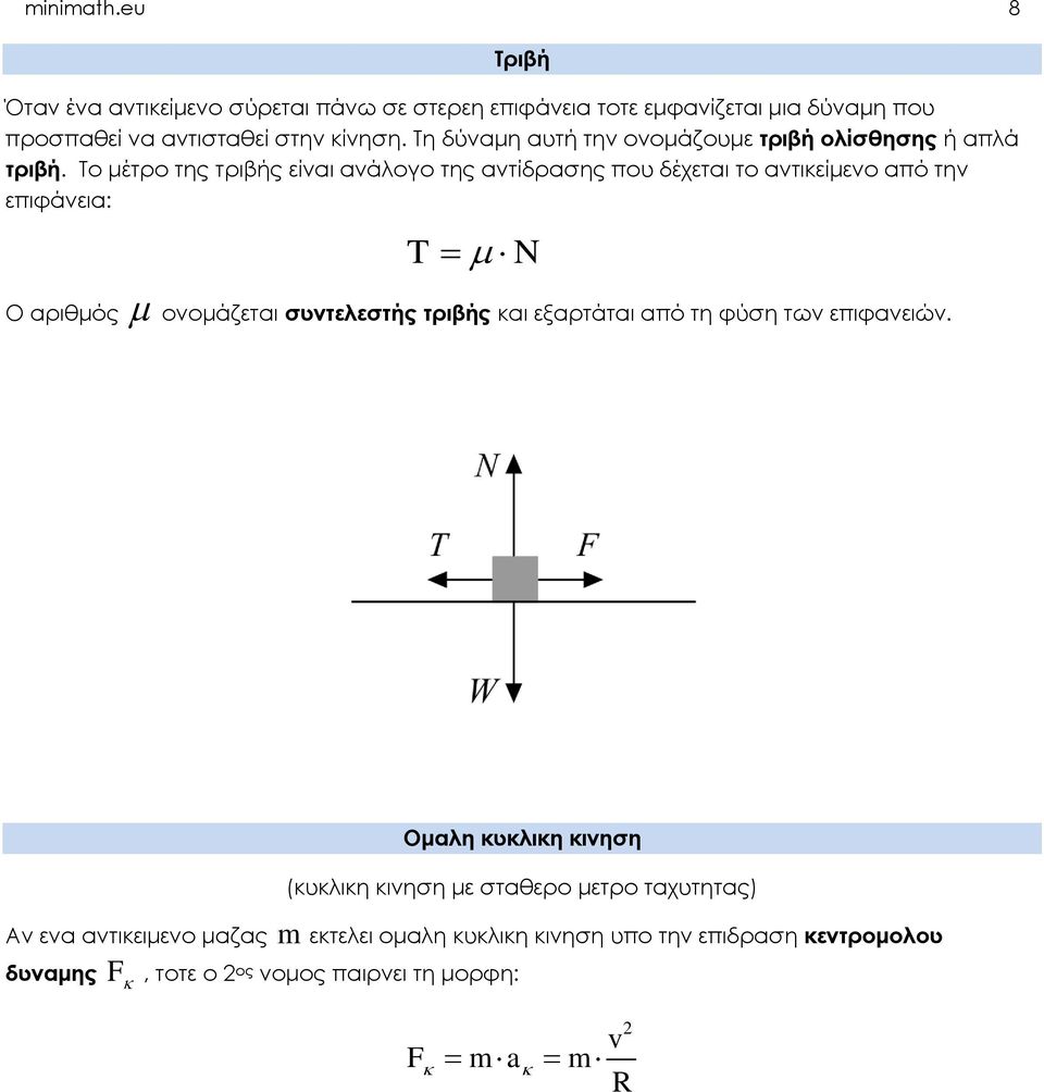 Το μέτρο της τριβής είναι ανάλογο της αντίδρασης που δέχεται το αντικείμενο από την επιφάνεια: T Ο αριθμός ονομάζεται συντελεστής τριβής και