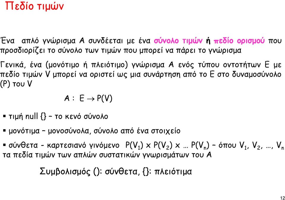 στο δυναμοσύνολο (P) του V Α : Ε P(V) τιμή null {} το κενό σύνολο μονότιμα μονοσύνολα, σύνολο από ένα στοιχείο σύνθετα - καρτεσιανό γινόμενο