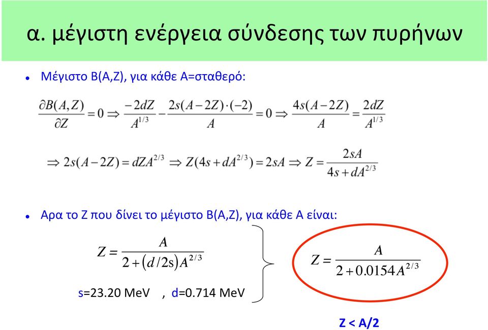 μέγιστο Β(Α,Ζ), για κάθε Α είναι: Z = A 2+ ( d /2s)A