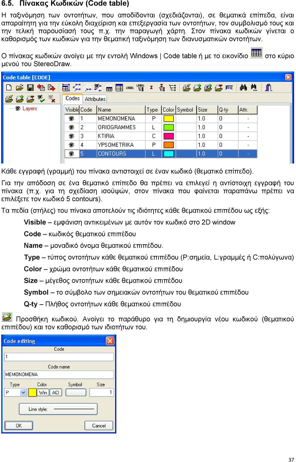 Ο πίνακας κωδικών ανοίγει µε την εντολή Windows Code table ή µε το εικονίδιο µενού του StereoDraw. στο κύριο Κάθε εγγραφή (γραµµή) του πίνακα αντιστοιχεί σε έναν κωδικό (θεµατικό επίπεδο).