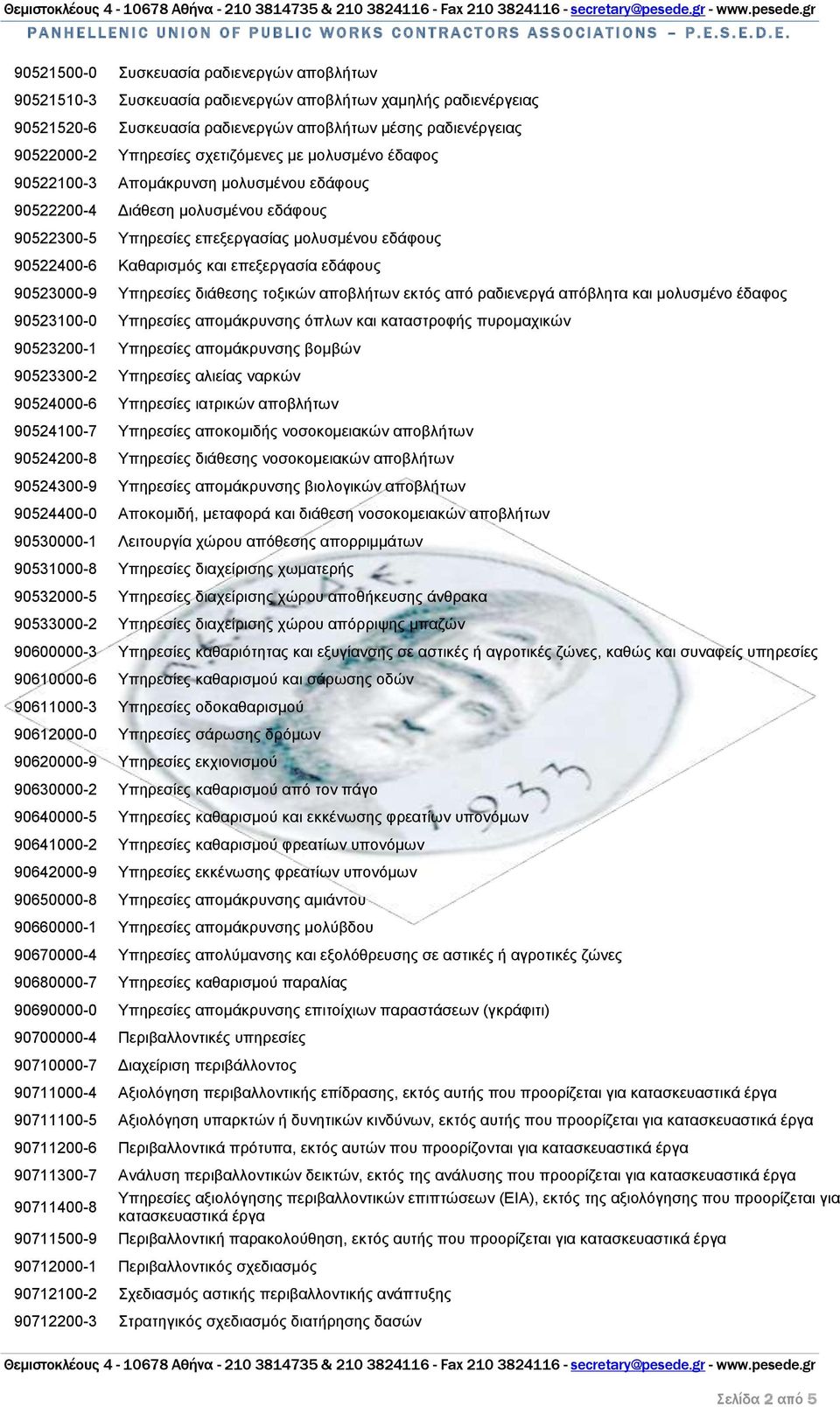 επεξεργασία εδάφους 90523000-9 Υπηρεσίες διάθεσης τοξικών αποβλήτων εκτός από ραδιενεργά απόβλητα και μολυσμένο έδαφος 90523100-0 Υπηρεσίες απομάκρυνσης όπλων και καταστροφής πυρομαχικών 90523200-1