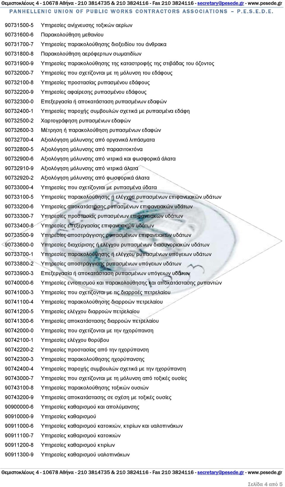 Υπηρεσίες αφαίρεσης ρυπασμένου εδάφους 90732300-0 Επεξεργασία ή αποκατάσταση ρυπασμένων εδαφών 90732400-1 Υπηρεσίες παροχής συμβουλών σχετικά με ρυπασμένα εδάφη 90732500-2 Χαρτογράφηση ρυπασμένων