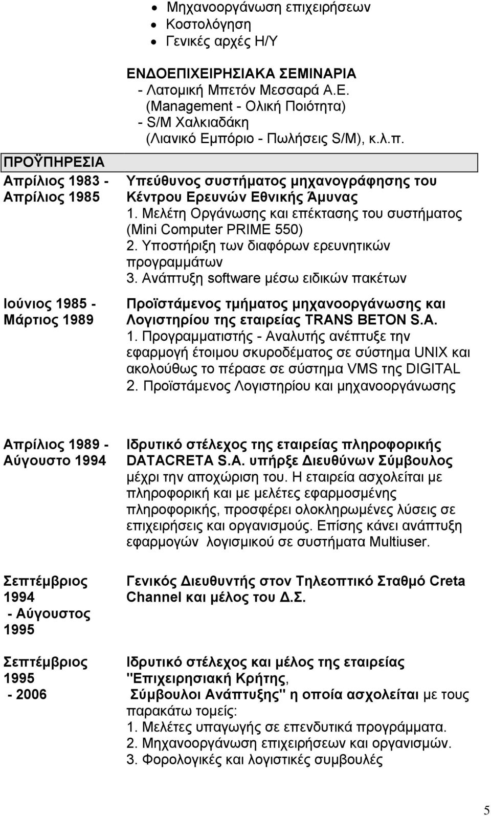 Υποστήριξη των διαφόρων ερευνητικών προγραμμάτων 3. Ανάπτυξη software μέσω ειδικών πακέτων Προϊστάμενος τμήματος μηχανοοργάνωσης και Λογιστηρίου της εταιρείας TRANS BETON S.A. 1.