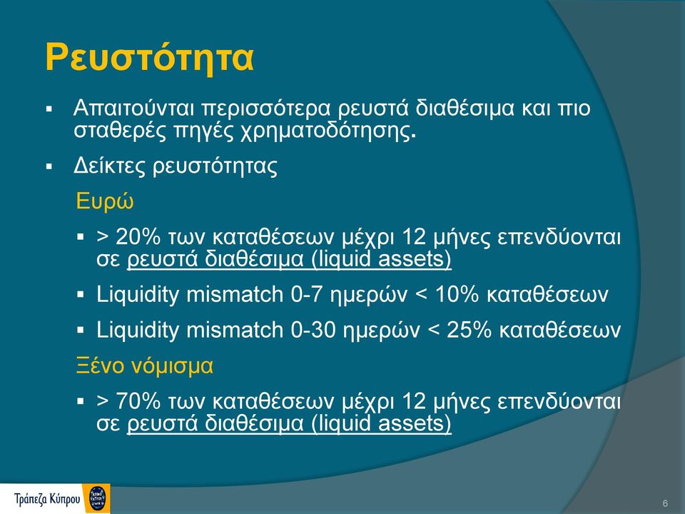 (liquid assets) Liquidity mismatch 0-7 ημερών < 10% καταθέσεων Liquidity mismatch 0-30 ημερών <