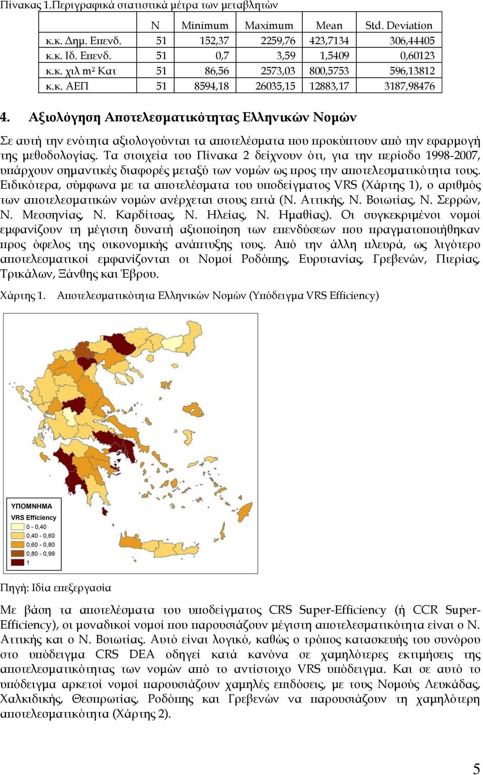 Σα στοιχεία του Πίνακα 2 δείχνουν ότι, για την περίοδο 1998-2007, υπάρχουν σημαντικές διαφορές μεταξύ των νομών ως προς την αποτελεσματικότητα τους.