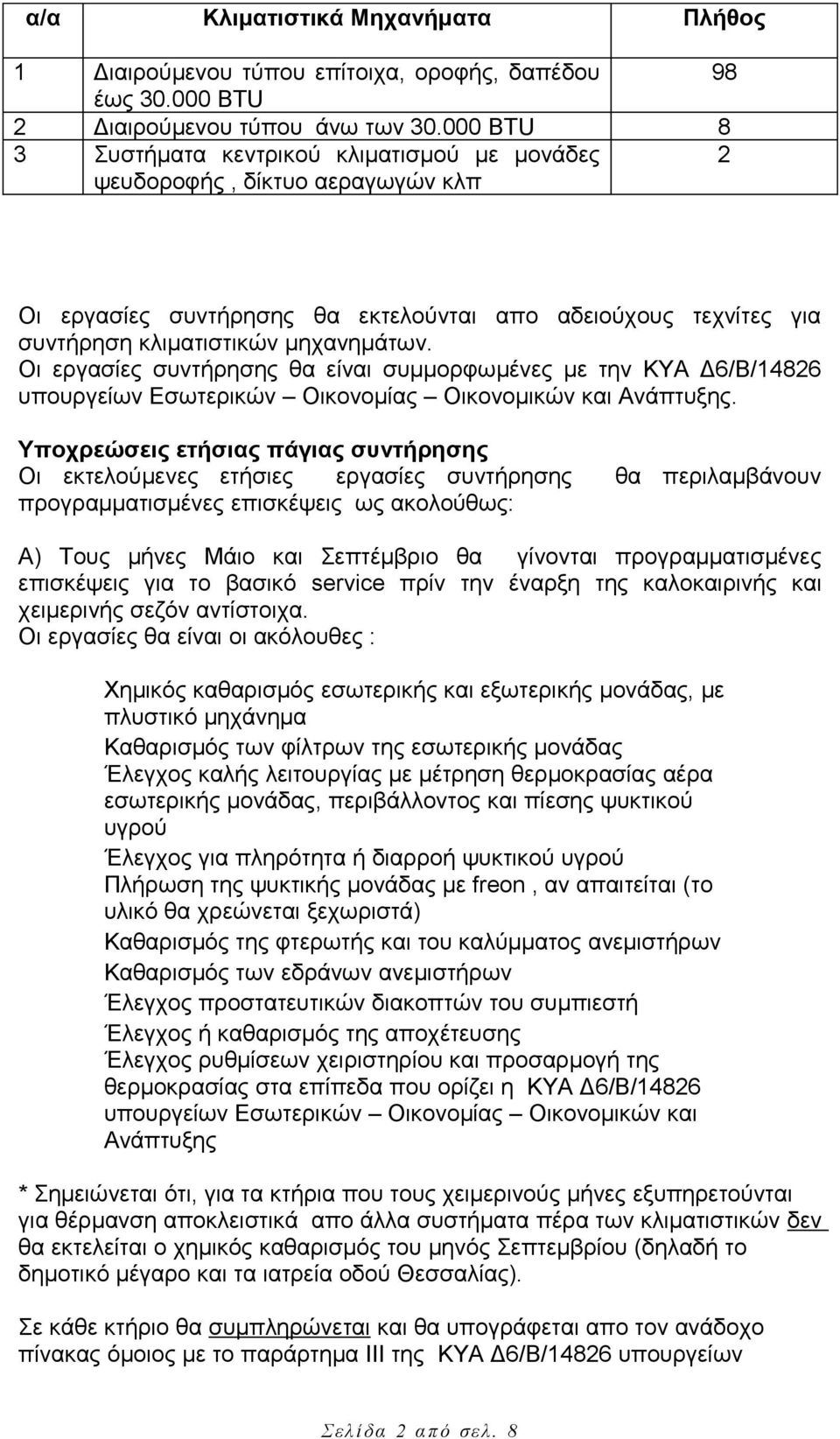 Οι εργασίες συντήρησης θα είναι συμμορφωμένες με την ΚΥΑ Δ6/Β/14826 υπουργείων Εσωτερικών Οικονομίας Οικονομικών και Ανάπτυξης.