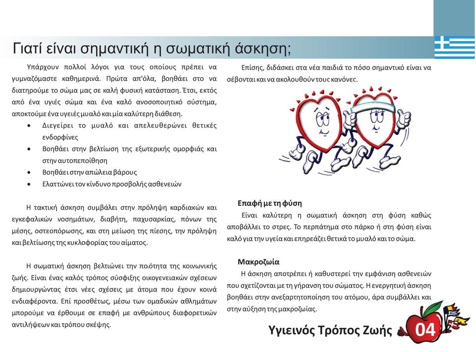 Διεγείρει το μυαλό και απελευθερώνει θετικές ενδορφίνες Βοηθάει στην βελτίωση της εξωτερικής ομορφιάς και στην αυτοπεποίθηση Βοηθάει στην απώλεια βάρους Ελαττώνει τον κίνδυνο προσβολής ασθενειών Η