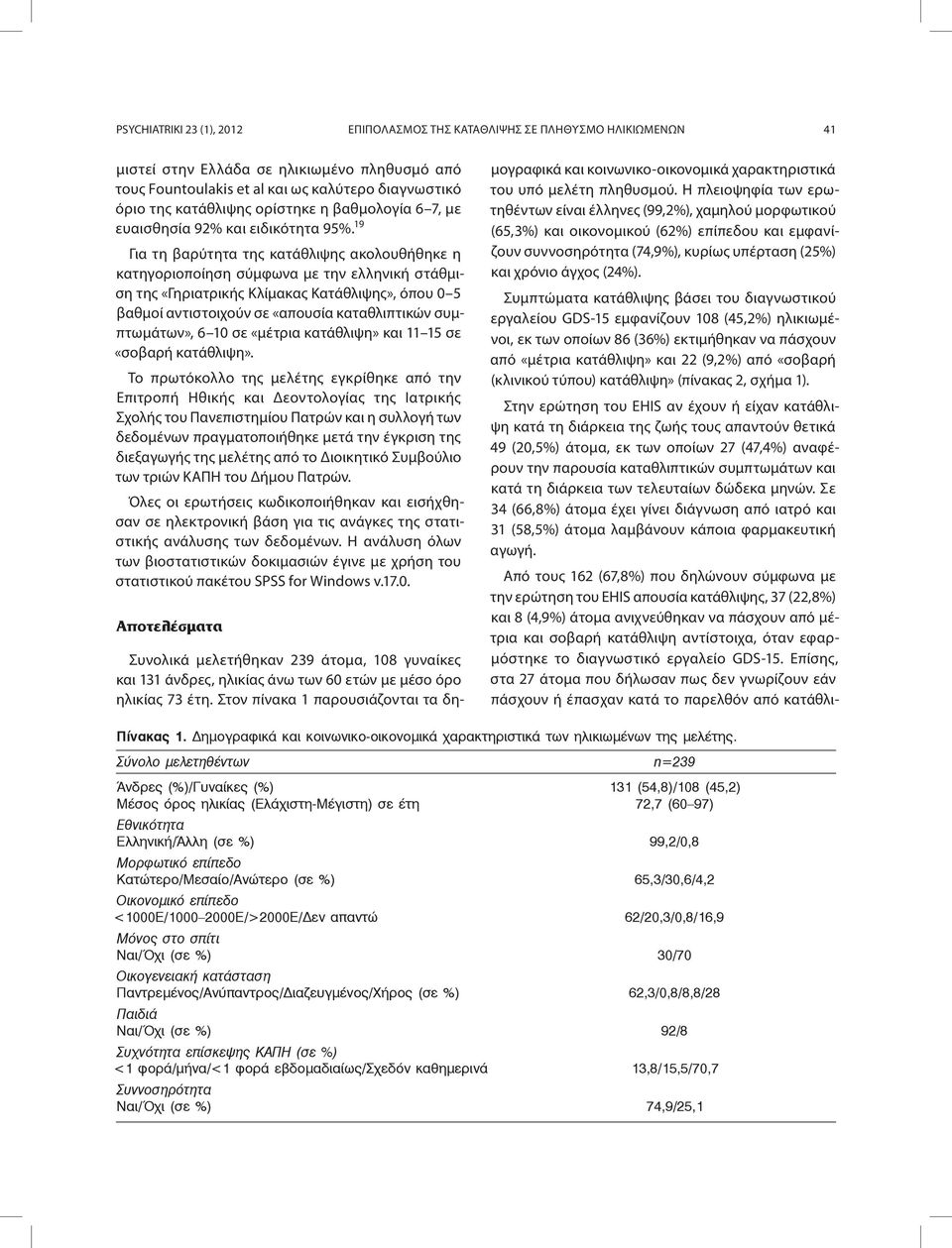 19 Για τη βαρύτητα της κατάθλιψης ακολουθήθηκε η κατηγοριοποίηση σύμφωνα με την ελληνική στάθμιση της «Γηριατρικής Κλίμακας Κατάθλιψης», όπου 0 5 βαθμοί αντιστοιχούν σε «απουσία καταθλιπτικών