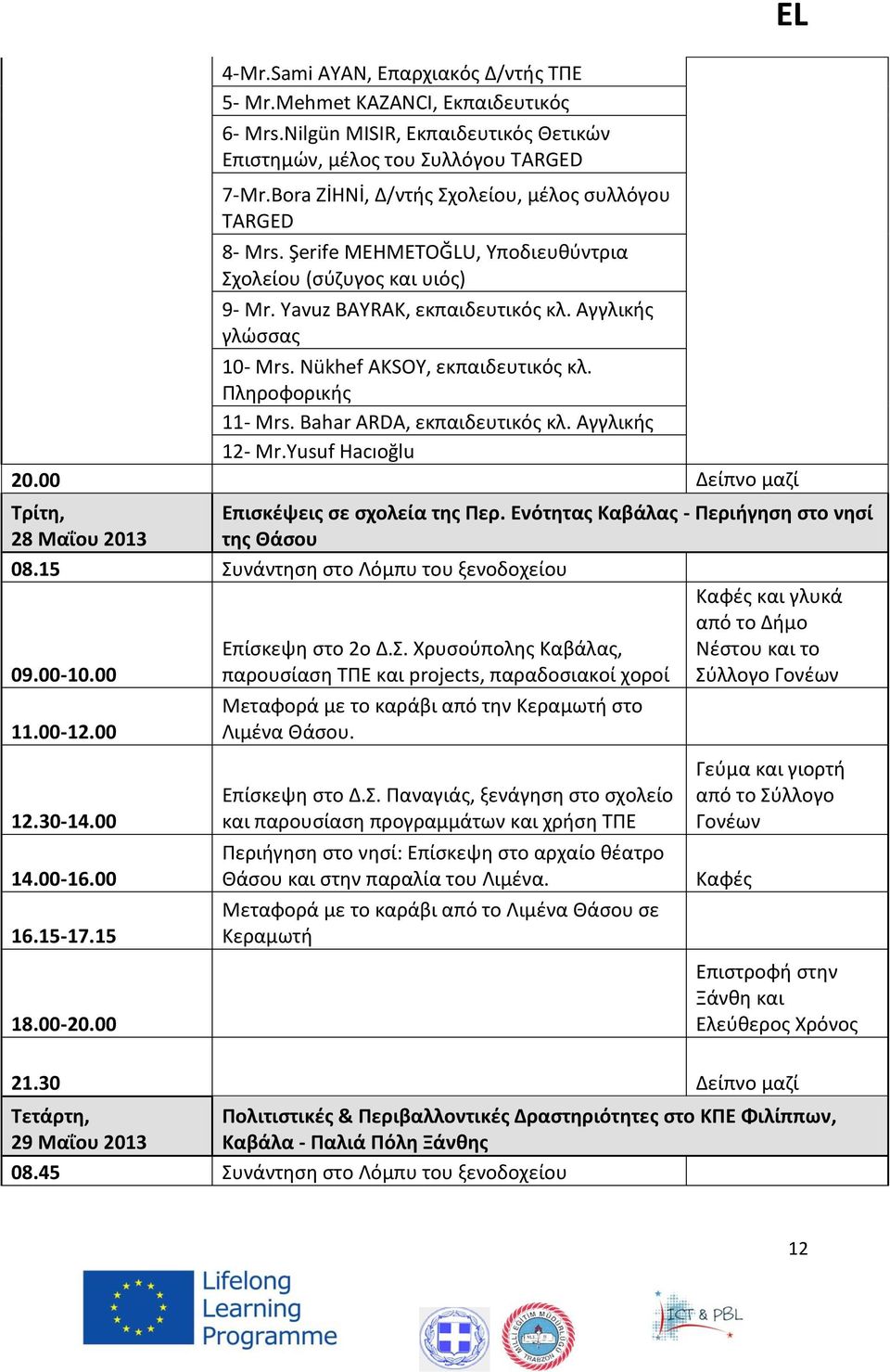 Nükhef AKSOY, εκπαιδευτικός κλ. Πληροφορικής 11- Mrs. Bahar ARDA, εκπαιδευτικός κλ. Αγγλικής 12- Mr.Yusuf Hacıoğlu 20.00 Δείπνο μαζί Τρίτη, 28 Μαΐου 2013 EL Επισκέψεις σε σχολεία της Περ.