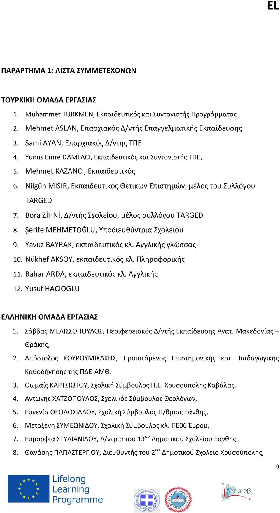 Nilgün MISIR, Εκπαιδευτικός Θετικών Επιστημών, μέλος του Συλλόγου TARGED 7. Bora ZİHNİ, Δ/ντής Σχολείου, μέλος συλλόγου TARGED 8. Şerife MEHMETOĞLU, Υποδιευθύντρια Σχολείου 9.