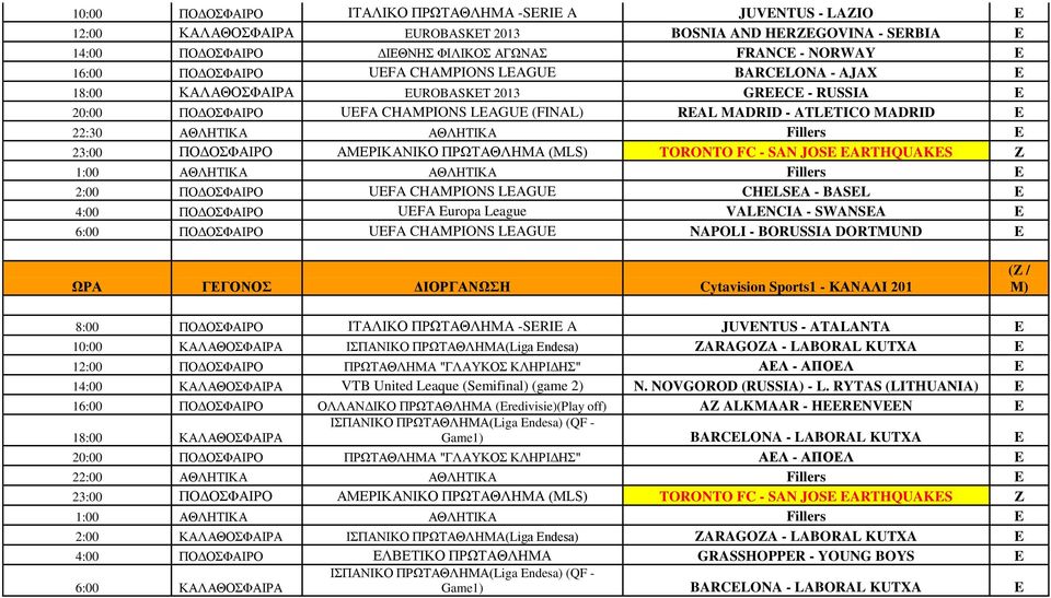 ΑΘΛΗΤΙΚΑ Fillers E 23:00 ΠΟΔΟΣΦΑΙΡΟ ΑΜΕΡΙΚΑΝΙΚΟ ΠΡΩΤΑΘΛΗΜΑ (MLS) TORONTO FC - SAN JOSE EARTHQUAKES Ζ 1:00 ΑΘΛΗΤΙΚΑ ΑΘΛΗΤΙΚΑ Fillers E 2:00 ΠΟΔΟΣΦΑΙΡΟ UEFA CHAMPIONS LEAGUE CHELSEA - BASEL E 4:00