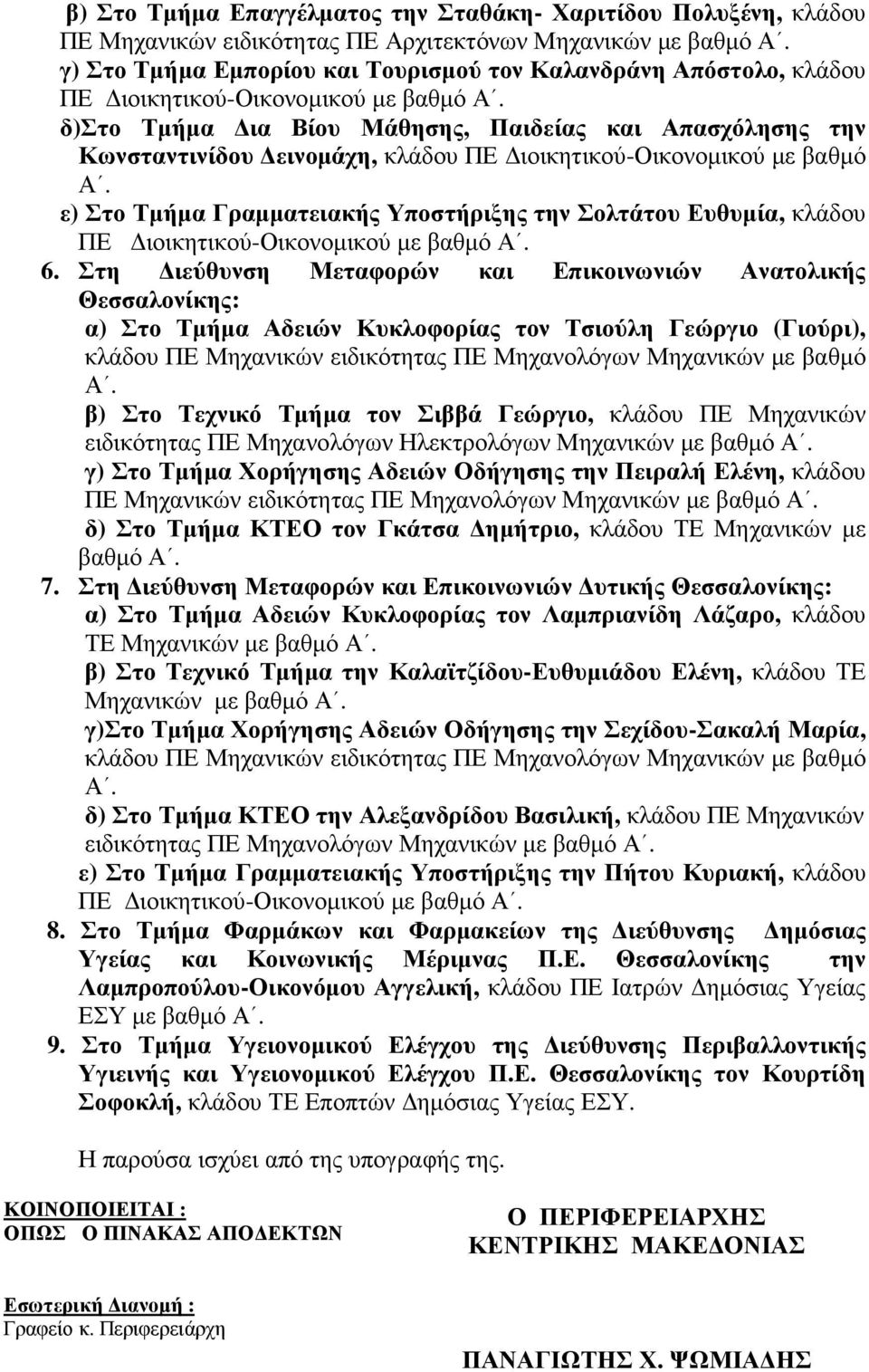 Στη ιεύθυνση Μεταφορών και Επικοινωνιών Ανατολικής Θεσσαλονίκης: α) Στο Τµήµα Αδειών Κυκλοφορίας τον Τσιούλη Γεώργιο (Γιούρι), κλάδου ΠΕ Μηχανικών ειδικότητας ΠΕ Μηχανολόγων Μηχανικών µε βαθµό β) Στο