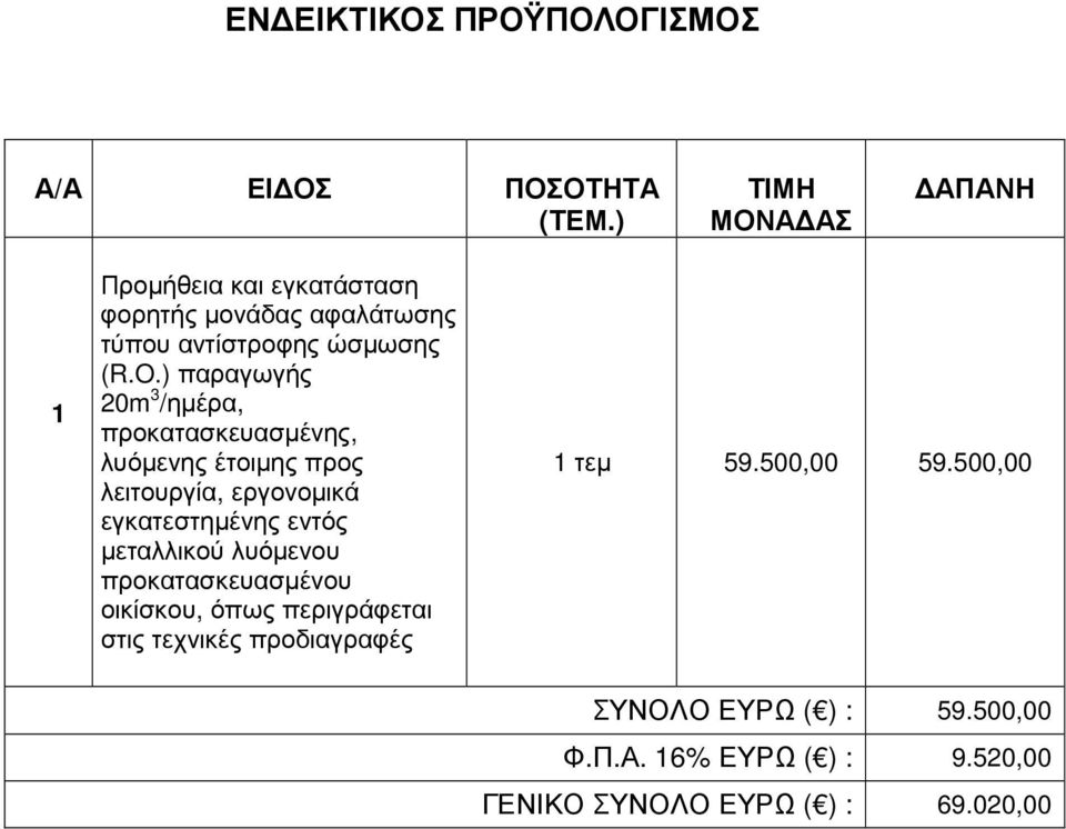 ) παραγωγής 20m 3 /ηµέρα, προκατασκευασµένης, λυόµενης έτοιµης προς λειτουργία, εργονοµικά εγκατεστηµένης εντός