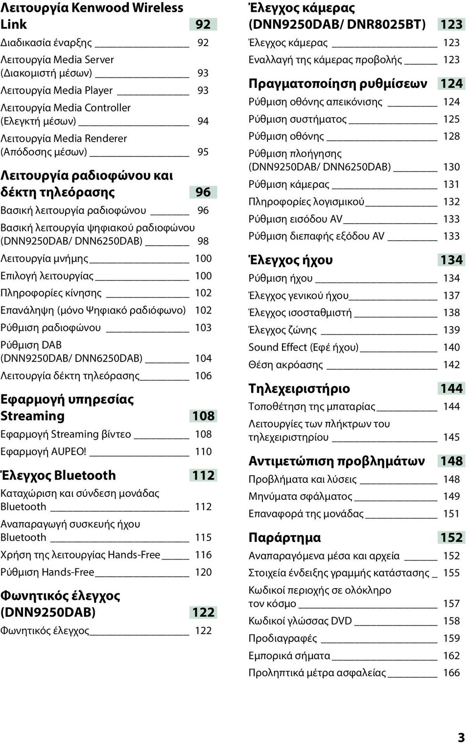 Επιλογή λειτουργίας 100 Πληροφορίες κίνησης 102 Επανάληψη (μόνο Ψηφιακό ραδιόφωνο)_ 102 Ρύθμιση ραδιοφώνου 103 Ρύθμιση DAB (DNN9250DAB/ DNN6250DAB) 104 Λειτουργία δέκτη τηλεόρασης 106 Εφαρμογή