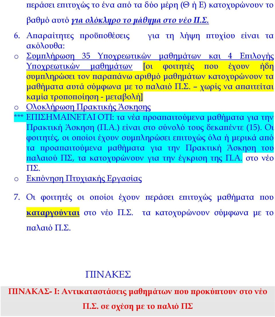 μαθημάτων κατοχυρώνουν τα μαθήματα αυτά σύμφωνα με το παλαιό Π.Σ.