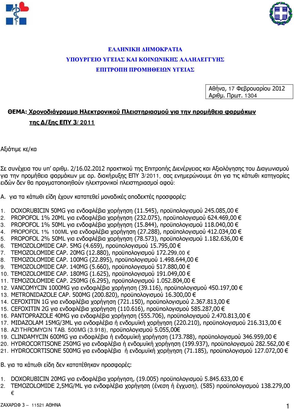 2012 πρακτικού της Επιτροπής Διενέργειας και Αξιολόγησης του Διαγωνισμού για την προμήθεια φαρμάκων με αρ.