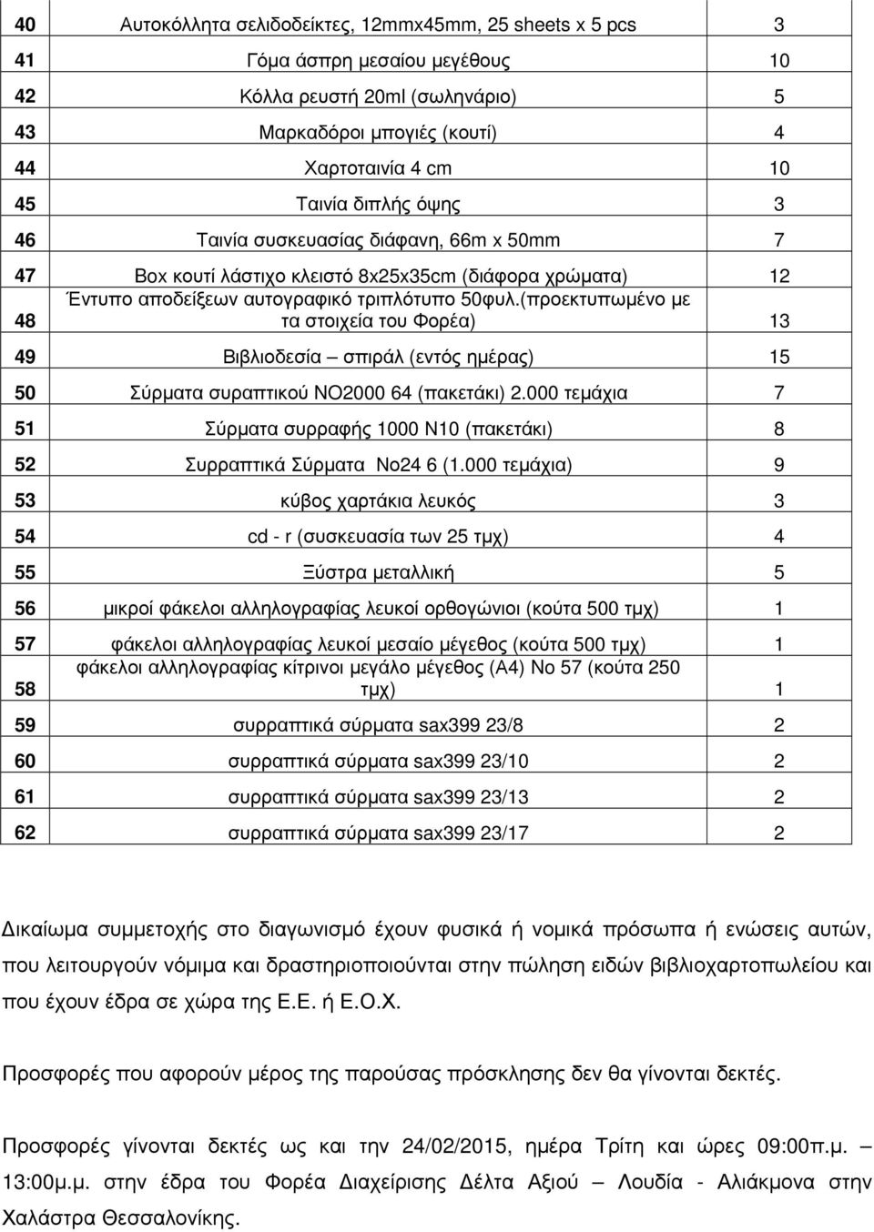 (προεκτυπωμένο με 48 τα στοιχεία του Φορέα) 13 49 Βιβλιοδεσία σπιράλ (εντός ημέρας) 15 50 Σύρματα συραπτικού NO2000 64 (πακετάκι) 2.